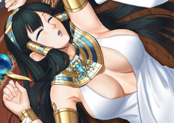 Rule 34 | 1girl, armpits, black hair, blue lips, bracelet, breasts, breasts apart, dress, egyptian, closed eyes, eyeshadow, hair tubes, hairband, isis (p&amp;d), jewelry, large breasts, lipstick, long hair, lying, makeup, necklace, on back, open mouth, puzzle &amp; dragons, rug, shimohigashi kanna, sleeping, solo, staff, white dress