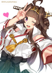 Rule 34 | 1girl, ;d, absurdres, ahoge, blunt bangs, breasts, brown hair, detached sleeves, double bun, dutch angle, hair bun, hand up, headgear, heart, highres, himura moritaka, kantai collection, kongou (kancolle), kongou kai ni (kancolle), large breasts, looking at viewer, nontraditional miko, one eye closed, open mouth, outstretched arm, purple eyes, ribbon-trimmed sleeves, ribbon trim, smile, solo, teeth, twitter username, upper teeth only, v, white background, wide sleeves