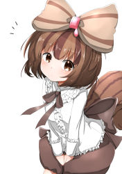 Rule 34 | 1girl, between legs, black ribbon, blush, bow, brown eyes, brown hair, chokiyurui (show by rock!!), expressionless, flat chest, frilled shirt, frilled shirt collar, frills, hair bow, hand between legs, head tilt, highres, light blush, long sleeves, looking at viewer, luluhavinera, multicolored hair, notice lines, own hands together, ribbon, shirt, short hair, shorts, show by rock!!, simple background, solo, squirrel tail, streaked hair, striped, striped bow, tail, v arms, white background, white shirt