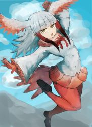 Rule 34 | 1girl, absurdres, adeshi (adeshi0693119), bird tail, bird wings, blunt bangs, breasts, empty eyes, feather-trimmed sleeves, head wings, highres, japanese crested ibis (kemono friends), kemono friends, long hair, long sleeves, looking at viewer, pantyhose, pleated skirt, red pantyhose, sidelocks, skirt, small breasts, solo, tail, tsurime, white hair, wings, yellow eyes
