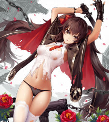 Rule 34 | 1girl, :o, arms up, assault rifle, asymmetrical gloves, bad id, bad pixiv id, black cape, black gloves, black panties, blush, bow, breasts, brown eyes, brown hair, bullpup, cape, chain, commentary request, covered erect nipples, dutch angle, fingerless gloves, flower, girls&#039; frontline, gloves, gun, hair bow, hiyashiru, holding, holding knife, knife, long hair, looking at viewer, medium breasts, mismatched gloves, navel, necktie, open mouth, panties, qbz-97, red bow, red flower, red necktie, rifle, shirt, skindentation, skirt, solo, standing, stomach, thigh gap, thighhighs, torn cape, torn clothes, torn skirt, torn thighhighs, twintails, type 97 (girls&#039; frontline), underwear, very long hair, weapon, white shirt, white thighhighs, wristband