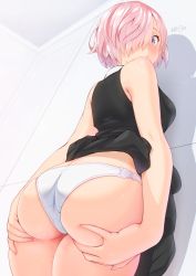 Rule 34 | 1girl, ass, bare arms, bare shoulders, breasts, closed mouth, deep skin, dress, embarrassed, fate/grand order, fate (series), hair over one eye, highres, looking back, mash kyrielight, medium breasts, nanahime, panties, pink hair, purple eyes, shadow, short hair, sleeveless, sleeveless dress, solo, underwear, white panties