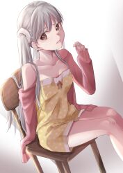 Rule 34 | 1girl, absurdres, arm support, breasts, brown eyes, camisole, cardigan, chair, collarbone, commentary, curled fingers, dutch angle, gradient background, grey hair, hair between eyes, hair over shoulder, hand up, highres, light blush, long hair, looking at viewer, looking to the side, meemz a, monogatari (series), off shoulder, oikura sodachi, open mouth, owarimonogatari, pajamas, pink cardigan, pink nails, polka dot, polka dot pajamas, romaji commentary, scrunchie, shorts, single bare shoulder, sitting, sleeves past fingers, sleeves past wrists, small breasts, solo, twintails, very long hair, white background, white scrunchie, worried, yellow camisole, yellow pajamas, yellow shorts