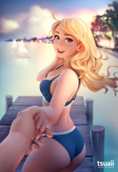 Rule 34 | 1boy, 1girl, ass, bikini, black one-piece swimsuit, blonde hair, blue bikini, blue eyes, blurry, blurry background, blush, breasts, commentary, english commentary, hairband, hetero, highres, holding hands, league of legends, long hair, looking at viewer, lux (league of legends), medium breasts, one-piece swimsuit, open mouth, pier, smile, summer, swimsuit, tsuaii