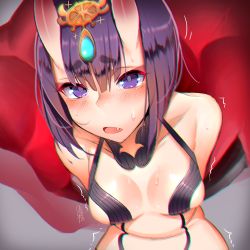 Rule 34 | 1girl, alcoholrang, blush, breasts, chromatic aberration, fang, fate/grand order, fate (series), hair ornament, horns, looking at viewer, purple eyes, purple hair, short hair, shuten douji (fate), skin-covered horns, small breasts, solo, sweatdrop, tears, trembling