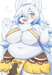 Rule 34 | 1girl, 1other, animal ears, blush, body fur, breasts, commentary request, copyright request, cowboy shot, eigetsu, fang, fat, furry, furry female, huge breasts, long hair, looking at viewer, navel, open mouth, simple background, solo, sparkle, white background, white fur, white hair, yellow eyes