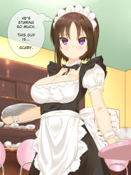Rule 34 | 1girl, apron, black dress, black ribbon, breasts, cleavage, cleavage cutout, closed mouth, clothing cutout, cup, dress, hagino chiaki, hard-translated, highres, hinako note, holding, indoors, kakari, large breasts, looking at viewer, maid, maid apron, maid headdress, medium dress, neck ribbon, puffy short sleeves, puffy sleeves, purple eyes, ribbon, saucer, short hair, short sleeves, smile, solo, standing, teacup, third-party edit, translated, tray, waitress, wrist cuffs