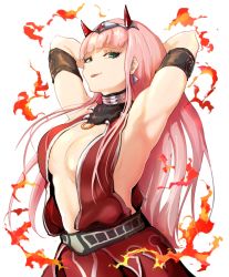 Rule 34 | 1girl, :p, armband, armpits, arms behind head, arms up, bare shoulders, blunt bangs, breasts, commentary, darling in the franxx, earrings, english commentary, green eyes, highres, horns, jewelry, long hair, looking at viewer, medium breasts, pink hair, simple background, sleeveless, smile, solo, the slayer of vishaps, tongue, tongue out, upper body, very long hair, white background, zero two (darling in the franxx)