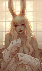 Rule 34 | 1girl, animal ears, blonde hair, blue eyes, breasts, commentary, dark-skinned female, dark skin, english commentary, final fantasy, final fantasy xiv, hair between eyes, large areolae, long hair, looking to the side, medium breasts, navel, nipples, off shoulder, open clothes, open shirt, rabbit ears, red lips, solo, soranamae, upper body, viera, warrior of light (ff14)