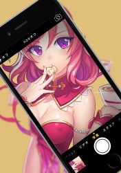 Rule 34 | 10s, 1girl, bowl, breasts, cellphone, china dress, chinese clothes, contrapposto, dress, eating, covered erect nipples, fiodo, food, food in mouth, highres, iphone, looking at viewer, love live!, love live! school idol project, nishikino maki, no panties, off shoulder, phone, pink dress, purple eyes, red hair, selfie, sexually suggestive, short hair, side slit, smartphone, solo, standing, wrist cuffs