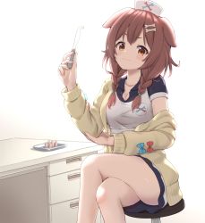 Rule 34 | 1girl, :3, animal ears, bad id, bad pixiv id, beige cardigan, blush, bone hair ornament, braid, breasts, brown hair, cardigan, cleavage, commentary, crossed legs, desk, dog ears, faubynet, feet out of frame, hair ornament, hand up, hat, highres, holding, holding knife, hololive, inugami korone, inugami korone (1st costume), knife, long hair, looking at viewer, medium breasts, no tail, nurse, nurse cap, off shoulder, open cardigan, open clothes, orange eyes, revision, scalpel, severed finger, shirt, simple background, sitting, skirt, solo, sparkle, stool, thighs, twin braids, v-shaped eyebrows, virtual youtuber, white background, white hat, white shirt, white skirt