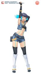 Rule 34 | 1girl, ;d, absurdres, artist logo, black sports bra, black thighhighs, blue hair, blunt bangs, breasts, chest jewel, crazzeffect, crop top, elbow gloves, fiery hair, fingerless gloves, full body, gloves, glowing lines, highres, looking at viewer, midriff, navel, one eye closed, open mouth, patreon logo, patreon username, sena (xenoblade), shorts, shoulder strap, side ponytail, small breasts, smile, solo, sports bra, standing, stretching, thighhighs, white background, xenoblade chronicles (series), xenoblade chronicles 3