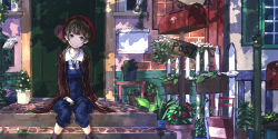 Rule 34 | 1girl, bad id, bad pixiv id, brown eyes, brown hair, casual, door, entrance, flower, hat, highres, hiro j, mailbox, newspaper, original, plant, postbox, potted plant, sitting, smile, solo
