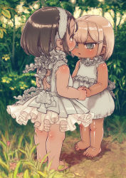 Rule 34 | 2girls, absurdres, bare shoulders, barefoot, blonde hair, blunt bangs, blush, brown hair, character request, commentary request, copyright request, dot nose, dress, female focus, feral lemma, foliage, full body, grass, green eyes, hair ornament, hairclip, highres, holding hands, looking at viewer, looking to the side, medium hair, multiple girls, outdoors, paid reward available, parted lips, pleated dress, shadow, sidelocks, sleeveless, sleeveless dress, standing, tareme, tsurime, white dress