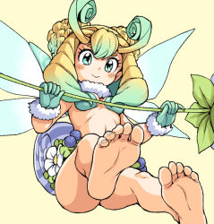 Rule 34 | 1girl, ass, barefoot, blonde hair, blush, character request, fairy, feet, gloves, green eyes, green hair, navel, nude, oyatsu (mk2), smile, soles, toes, wand, wings
