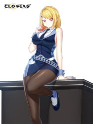 Rule 34 | 1girl, against table, alternate hair color, ankle boots, arm support, bare arms, bare shoulders, belt, blonde hair, blue belt, blue bow, blue footwear, blue necktie, blue skirt, blue vest, blue wrist cuffs, bob cut, boots, bow, breasts, bright pupils, brown pantyhose, card, closed mouth, closers, collared shirt, copyright name, croupier, dress shirt, fold-over boots, foot out of frame, footwear bow, hair ornament, hairclip, hand up, high heels, highres, holding, holding card, impossible clothes, impossible shirt, impossible vest, large breasts, lectern, leg up, logo, looking at viewer, midriff peek, miniskirt, mirae (closers), necktie, official art, pantyhose, pencil skirt, playing card, red eyes, shirt, short hair, sideboob, skirt, sleeveless, sleeveless shirt, solo, standing, standing on one leg, swept bangs, two-tone footwear, vest, waistcoat, white background, white bow, white footwear, white hair, white pupils, white shirt, wrist bow, wrist cuffs