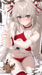 Rule 34 | 1girl, absurdres, anchorage (azur lane), antlers, arm belt, azur lane, bikini, blush, bound, bound wrists, breasts, brown hair, cleavage cutout, closed mouth, clothing cutout, collarbone, commentary request, fur-trimmed thighhighs, fur trim, hair ribbon, highres, horns, l ract, large breasts, long hair, o-ring, o-ring bikini, paid reward available, purple hair, red bikini, red ribbon, red thighhighs, reindeer antlers, ribbon, sitting, solo, stuffed animal, stuffed reindeer, stuffed toy, swimsuit, thighhighs, twintails