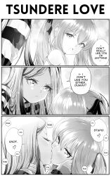 Rule 34 | 2girls, 3koma, absurdres, blush, closed eyes, comic, commentary, embarrassed, english commentary, english text, french kiss, greyscale, grs-, hair ribbon, highres, kiss, long hair, monochrome, multiple girls, mutual tsundere, original, ribbon, striped clothes, striped sweater, sweater, tsundere, twintails, yuri