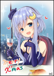 Rule 34 | 1girl, :d, alcohol, artist name, blue eyes, blue gloves, blush, christmas, commentary request, crescent, crescent hair ornament, cup, drinking glass, elbow gloves, english text, food, gloves, hair between eyes, hair ornament, heart, holding, holding cup, kantai collection, long hair, merry christmas, open mouth, purple hair, short hair with long locks, sidelocks, sitting, smile, solo, sou (soutennkouchi), turkey (food), wine, wine glass, yayoi (kancolle)