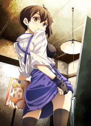 Rule 34 | 10s, 1girl, armor, brown eyes, brown hair, from below, gloves, japanese clothes, kaga (kancolle), kantai collection, looking at mirror, looking at viewer, mirror, muneate, side ponytail, solo, thighhighs, yuuji overall