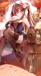 Rule 34 | 1girl, absurdly long hair, absurdres, bare shoulders, black footwear, blue dress, blush, breasts, brown gloves, brown hair, brown thighhighs, china dress, chinese clothes, cleavage, commentary, couch, daiwa scarlet (umamusume), dress, flower, gloves, hair between eyes, hair flower, hair intakes, hair ornament, hand fan, high heels, highres, holding, holding fan, horse girl, huge filesize, large breasts, long hair, looking at viewer, moko (moko/moko), on couch, pink flower, red eyes, see-through, sitting, solo, thighhighs, twintails, umamusume, very long hair