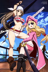 Rule 34 | 10s, 2girls, :d, absurdres, amagi brilliant park, ankle boots, bandana, bikini, black footwear, boots, breasts, brown footwear, cleavage, cloud, day, epaulettes, eyepatch, gun, hat, highres, large breasts, latifa fleuranza, long hair, looking at viewer, megami magazine, multiple girls, nakahara kouhei, official art, open mouth, palm tree, pirate hat, rifle, rope, sento isuzu, ship, sky, small breasts, smile, swimsuit, sword, thigh boots, thighhighs, tree, underboob, watercraft, weapon