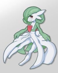 Rule 34 | 1girl, blush, bob cut, closed mouth, collarbone, colored skin, creatures (company), drop shadow, fang, female focus, flat chest, full body, game freak, gardevoir, gen 3 pokemon, gradient background, green hair, green skin, grey background, grey outline, hair over one eye, happy, highres, light blush, looking to the side, mentaiko jojotarou, multicolored skin, nintendo, one eye covered, pokemon, pokemon (creature), red eyes, short hair, simple background, skin fang, smile, solo, standing, two-tone skin, white skin