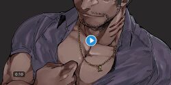 Rule 34 | 1boy, bara, beard stubble, collared shirt, dagon (housamo), dark-skinned male, dark skin, facial hair, fake video, fins, fish boy, grey hair, head out of frame, jewelry, large pectorals, long sideburns, male focus, mature male, muscular, muscular male, mustache stubble, necklace, noramoso, pectoral cleavage, pectoral focus, pectorals, purple shirt, shirt, shirt grab, short hair, sideburns, slit pupils, smile, solo, stubble, thick eyebrows, tokyo houkago summoners, undressing