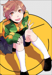 Rule 34 | 1girl, atlus, az0212, bad id, bad pixiv id, bike shorts, brown eyes, brown hair, houndstooth, jacket, loafers, looking up, open mouth, persona, persona 4, satonaka chie, shoes, skirt, smile, smiley face, solo, track jacket