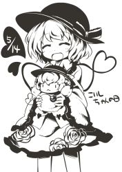 1girl :d ^_^ blush character_doll closed_eyes dated doll female_focus greyscale hat heart heart_of_string jagabutter komeiji_koishi monochrome open_mouth short_hair smile solo touhou