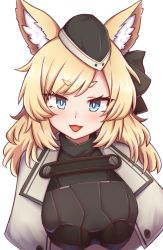 Rule 34 | 1girl, :3, :d, animal ears, arknights, black bow, black hat, blonde hair, blue eyes, blush, bow, bright pupils, hair bow, hat, long hair, looking at viewer, open mouth, original, simple background, smile, solo, upper body, whislash (arknights), white background, white pupils, wool (miwol)