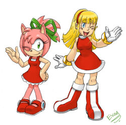 Rule 34 | 2girls, :t, alternate hairstyle, amy rose, amy rose (cosplay), animal nose, artist name, bare shoulders, blonde hair, blue eyes, blush, blush stickers, body fur, boots, breasts, closed mouth, cosplay, costume switch, crossover, dress, evan stanley, female focus, frilled dress, frills, full body, furry, furry female, gloves, green eyes, green ribbon, hair ribbon, hairband, hairstyle switch, hand on own hip, hand up, happy, highres, knee boots, long hair, looking at viewer, mega man (series), multiple girls, one eye closed, open mouth, pink fur, ponytail, red dress, red footwear, red hairband, ribbon, roll (mega man), roll (mega man) (cosplay), shoes, short dress, sidelocks, signature, simple background, sleeveless, sleeveless dress, small breasts, smile, sonic (series), standing, white background, white gloves, wink