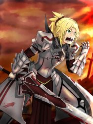 Rule 34 | 1girl, angry, armor, armored dress, blonde hair, blood, bloody weapon, clarent (fate), cross, fangs, fate/apocrypha, fate (series), green eyes, hair ornament, hair scrunchie, highres, mordred (fate), mordred (fate/apocrypha), naliliko, pelvic curtain, red scrunchie, red sky, scrunchie, sky, solo, weapon