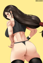 Rule 34 | 1girl, absurdres, artist name, ass, bare shoulders, black gloves, black hair, black panties, black thighhighs, breasts, brown eyes, brown hair, closed mouth, commission, female focus, final fantasy, final fantasy vii, final fantasy vii remake, fingerless gloves, from behind, gloves, highres, huge ass, large breasts, long hair, looking back, low-tied long hair, midriff, panties, patreon username, shirt, sideboob, skindentation, solo, standing, tank top, taut clothes, taut shirt, thighhighs, thighs, thong, tifa lockhart, underwear, xkit, yellow background