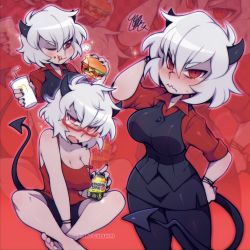 Rule 34 | 1girl, alcohol, artist name, black pants, black skirt, black vest, blush, breasts, burger, can, demon girl, demon horns, demon tail, eating, food, formal, glasses, helltaker, highres, holding, holding can, horns, indian style, large breasts, malina (helltaker), mcdonald&#039;s, messy hair, multiple views, no bra, pants, pantyhose, red eyes, red shirt, red theme, sami (pirateyoukai), shirt, short hair, sitting, skirt, skirt suit, standing, strong zero, suit, sweatdrop, tail, vest, white hair