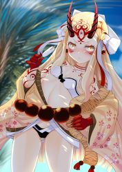 Rule 34 | 1girl, beach, bikini, blonde hair, blush, claws, covered erect nipples, fate/grand order, fate (series), food, highres, horns, ibaraki douji (fate), ice cream, japanese clothes, kimono, looking at viewer, monster girl, off shoulder, oni, slit pupils, swimsuit, tagme, tattoo, thighs, yellow eyes