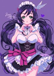 Rule 34 | 1girl, absurdres, apron, aqua eyes, blush, bow, breasts, dress, earrings, frills, hair bow, hair ornament, hair scrunchie, heart, heart hands, highres, jewelry, kisumi rei, large breasts, long hair, looking at viewer, love live!, love live! school idol project, low twintails, maid, maid headdress, mogyutto &quot;love&quot; de sekkin chuu!, open mouth, parted bangs, purple hair, ribbon, scrunchie, solo, swept bangs, thighhighs, tojo nozomi, twintails, waist apron