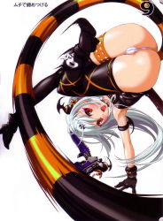 Rule 34 | 00s, 1girl, :d, albino, alice (queen&#039;s gate), armband, armpits, ass, black gloves, black thighhighs, blush, eyeshadow, fang, flat chest, full body, gloves, gun, hair ornament, high heels, highres, legs, long hair, looking at viewer, makeup, nishii (damnedrive), nitroplus, open mouth, panties, purple eyeshadow, queen&#039;s blade, queen&#039;s gate, red eyes, smile, solo, thighhighs, underwear, upside-down, weapon, whip, white hair, white panties