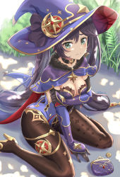 Rule 34 | 1girl, ass, black pantyhose, blush, breast hold, breasts, cape, choker, cleavage, coin purse, earrings, full body, fur trim, genshin impact, green eyes, half-closed eyes, hat, high heels, highres, jewelry, leotard, looking at viewer, mona (genshin impact), pantyhose, ponnyu12, purple hair, seiza, sitting, small breasts, solo, thigh strap, thighs, twintails, witch hat