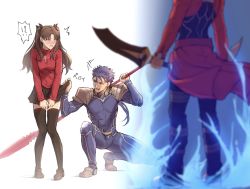 Rule 34 | 1girl, 2boys, archer (fate), black pants, black skirt, black thighhighs, blue bodysuit, blue hair, bodysuit, brown hair, commentary request, cu chulainn (fate), cu chulainn (fate/stay night), energy, fate/stay night, fate (series), head out of frame, highres, holding, holding polearm, holding spear, holding sword, holding weapon, jacket, long hair, looking at another, mondi hl, multiple boys, open mouth, pants, polearm, ponytail, red jacket, red shirt, shirt, shoulder plates, skirt, skirt tug, spear, squatting, standing, sword, thighhighs, tohsaka rin, two side up, weapon