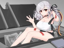 Rule 34 | 1girl, absurdres, arm behind head, black shorts, breasts, cable, choker, cleavage, collarbone, dolphin shorts, girls&#039; frontline, grey hair, grin, highres, in container, large breasts, legs, long hair, looking at viewer, nabiyan, red eyes, shorts, smile, solo, spas-12 (girls&#039; frontline), waving