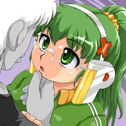 Rule 34 | 1boy, 1girl, blush, colored skin, cross, eye contact, faceless, faceless male, glasses, green eyes, green hair, grey skin, hair ornament, hairpin, hand on another&#039;s chin, headphones, high ponytail, jacket, long hair, looking at another, os-tan, pale skin, ponytail, simple background, solo focus, toushi ryoku, track jacket, upper body, white hair, xp home-tan, xphome