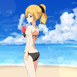 Rule 34 | 1girl, anime coloring, ass, back, bare back, bare legs, bare shoulders, beach, bikini, black bikini, blonde hair, breasts, butt crack, cato (monocatienus), cloud, cloudy sky, cowboy shot, cup, day, drink, drinking, drinking straw, from behind, hand on own hip, kurodani yamame, lens flare, looking at viewer, looking back, medium breasts, outdoors, ponytail, side-tie bikini bottom, sky, solo, swimsuit, thighs, touhou, underboob, water, yellow eyes