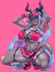 Rule 34 | 1girl, anuttsuii, armpits, ass, bare shoulders, belt, bikini, bikini under clothes, blue hair, blush, breasts, cheerleader, cleavage, collarbone, colored skin, curvy, dark-skinned female, dark skin, detached sleeves, drill hair, earrings, fate/grand order, fate (series), fishnet thighhighs, fishnets, grey skin, hair between eyes, hat, highres, horns, ibuki douji (fate), ibuki douji (swimsuit berserker) (fate), ibuki douji (swimsuit berserker) (first ascension) (fate), ibuki douji (swimsuit berserker) (second ascension) (fate), jewelry, large breasts, licking lips, long hair, looking at viewer, miniskirt, multicolored hair, naughty face, navel, oni, oni horns, pink background, pink bikini, pink footwear, pink hair, pink hat, pink skirt, pleated skirt, pointy ears, ponytail, red eyes, shiny skin, shoes, sidelocks, simple background, skirt, smile, sneakers, solo, squatting, swimsuit, tail, teeth, thighhighs, thong bikini, tongue, tongue out, twin drills, very long hair, visor cap, wide hips