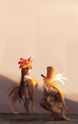 Rule 34 | 2girls, animal, bird, black hair, black hat, black legwear, blonde hair, blush, boots, brown eyes, brown footwear, chick, chicken, glasses, gods (1073337800), hat, highres, holding, holding animal, knee boots, long hair, looking at another, multiple girls, open mouth, original, smile, squatting, teeth, thighhighs, top hat, yellow eyes