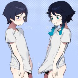Rule 34 | ..., 2boys, :q, androgynous, black hair, blue hair, blush, braid, bulge, commentary, devijohn, erection, erection under clothes, genshin impact, gradient hair, male focus, multicolored hair, multiple boys, musical note, penis envy, penis size difference, purple eyes, scaramouche (genshin impact), shirt, short sleeves, simple background, small penis, symbol-only commentary, tongue, tongue out, trap, twin braids, venti (genshin impact), white shirt