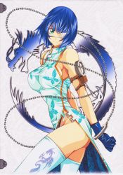 Rule 34 | 00s, 1girl, absurdres, ass, blue hair, breasts, chain, china dress, chinese clothes, cuffs, dragon, dress, eyepatch, female focus, gloves, green eyes, handcuffs, highres, ikkitousen, large breasts, no panties, official art, ryomou shimei, shiozaki yuji, short hair, solo, thighhighs