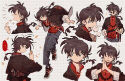 Rule 34 | ..., 1boy, baozi, black jacket, blue eyes, blue pants, brown hair, chinese clothes, copyright request, denim, food, food in mouth, grid background, highres, jacket, jeans, looking to the side, multiple views, pants, ranma 1/2, red shirt, saotome ranma, shirt, siyer (siyeyeyeyer), smile, solo, sparkle, speech bubble, spoken ellipsis, white background
