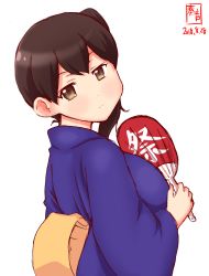 Rule 34 | 1girl, black hair, blue kimono, brown eyes, commentary request, dated, expressionless, from behind, hand fan, highres, japanese clothes, kaga (kancolle), kanon (kurogane knights), kantai collection, kimono, looking at viewer, looking back, short hair, side ponytail, simple background, solo, white background, yukata