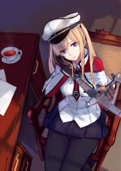 Rule 34 | 10s, 2girls, absurdres, aircraft, airplane, black legwear, blonde hair, blue eyes, breasts, brown gloves, capelet, chair, closed mouth, cup, desk, drawer, fairy (kancolle), from above, gloves, goggles, goggles on head, graf zeppelin (kancolle), hat, head rest, head tilt, hfpuff5ekubiao, hfp~kubiao, highres, holding, indoors, kantai collection, large breasts, long hair, long sleeves, looking at viewer, mini person, minigirl, miniskirt, multiple girls, necktie, on chair, orange hair, pantyhose, paper, peaked cap, pleated skirt, saucer, sitting, skirt, solo focus, tea, teacup, twintails, uniform, window shadow